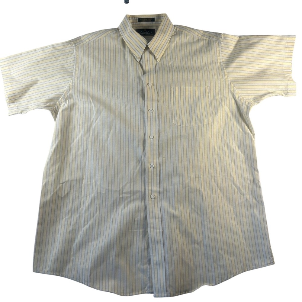 Bill Blass Signature Mens Yellow Striped Short Sleeve Button Up Shirt 17.5